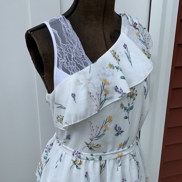 one shoulder mini dress peplum style flowing fabric garden flower print fairy - Picture 7 of 14